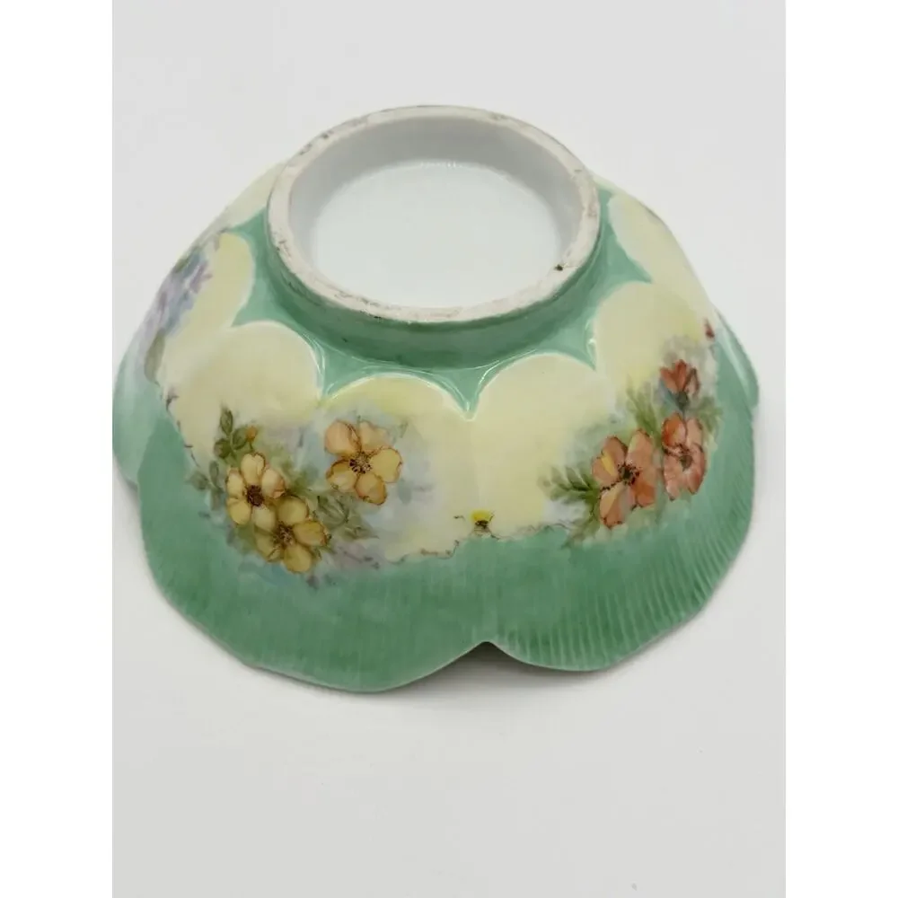 Vintage Hand Painted Floral Porcelain Scalloped Bowl Artist Signed 8 Inch